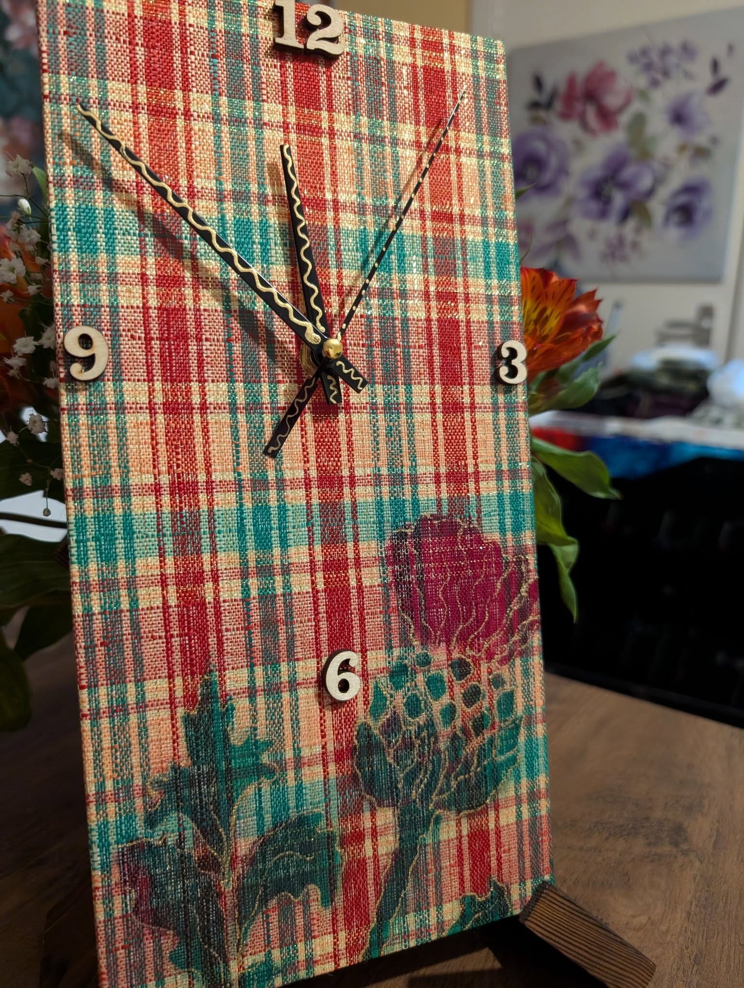 Large tartan clock with Scottish Thistle